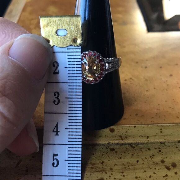 Natural Red Sapphire Yellow Zircon Sterling Silver Halo Ring Size 9 - Picture 5 of 9